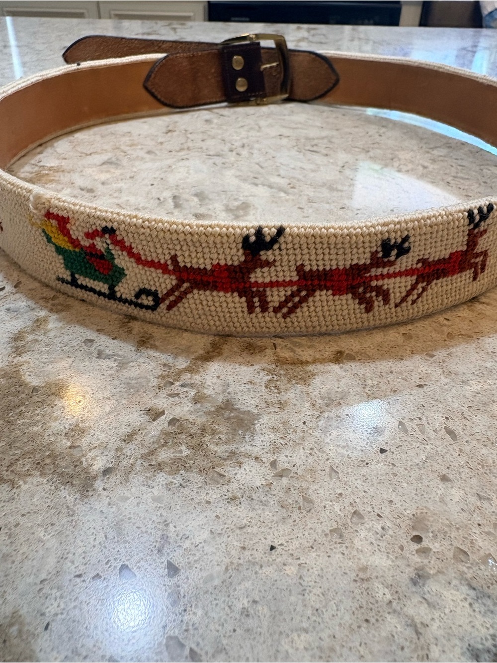 Hand-Embroidered Reindeer & Sleigh Canvas Leather Belt - Cream/Red